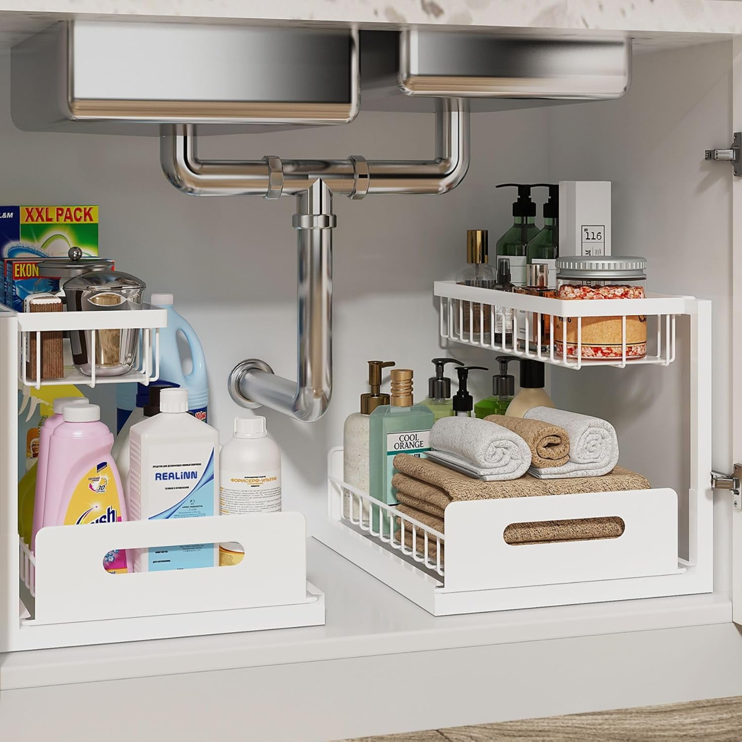 Under Sink Organizer L-Shaped 2 Tier Pull Out Cabinet Organizer | Slide Storage For Kitchen and Bathroom Metal Storage with Sliding Drawer 50 lbs White Pack
