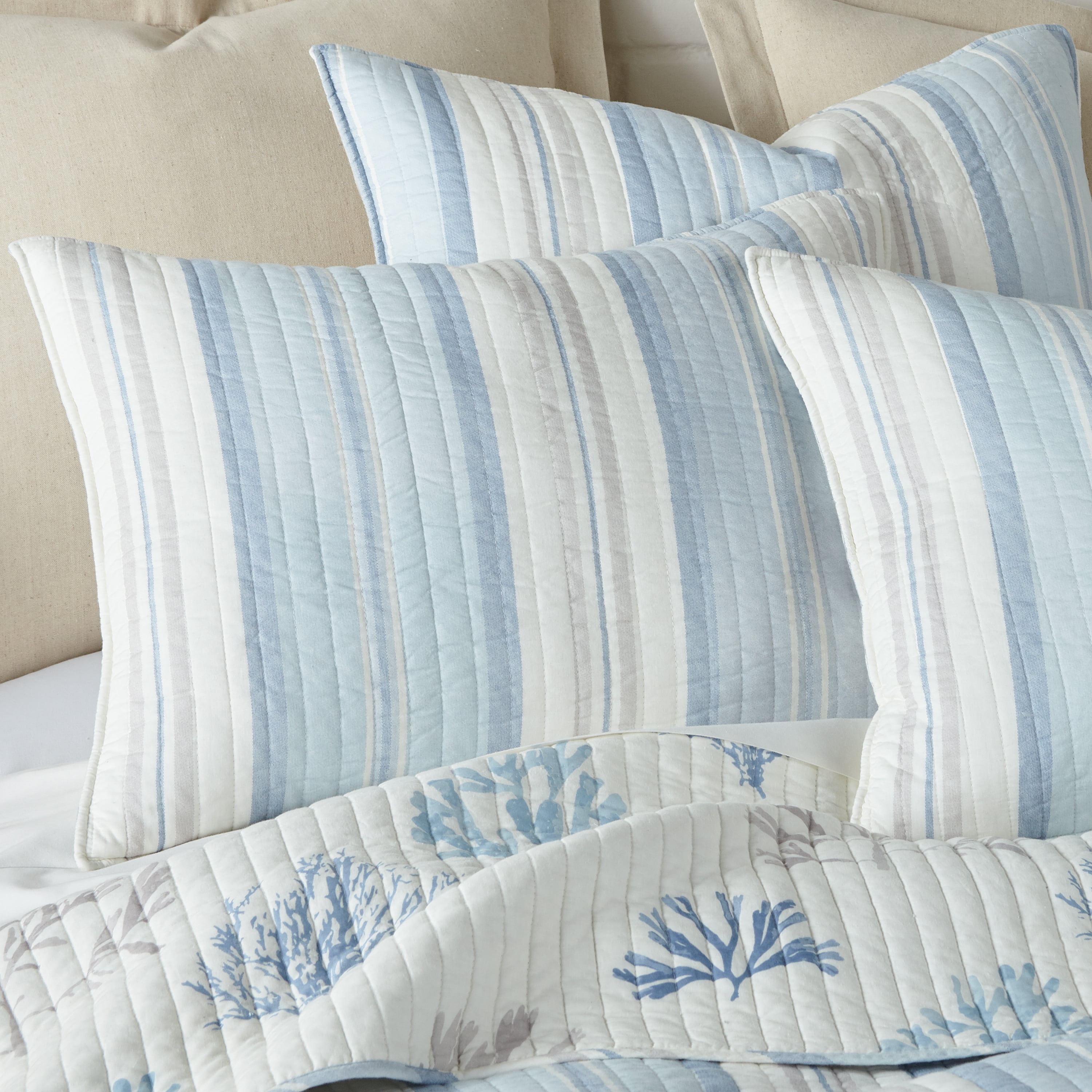 Levtex Home - Ipanema Quilt Set - King Quilt + Two King Pillow Shams - Coastal - Blue, Taupe and Cream - Quilt Size (106x92in.) and Pillow Sham Size (36x20in. ) - Reversible - Cotton Fabric