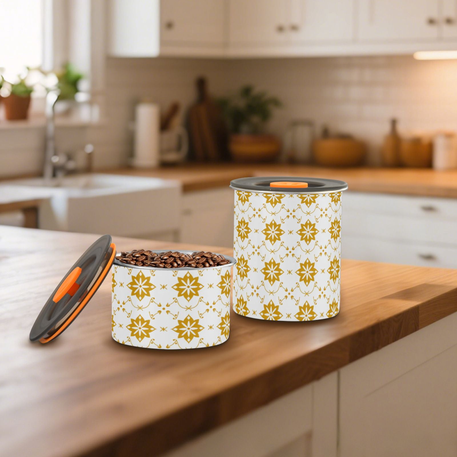 Gold Geometric Flowers Floral Airtight Coffee Bean Canister 30oz Food Storage Containers with Lids For Gournd, Tea, Sugar, Flour, Rice, Cereal, Candy Cookie Jar