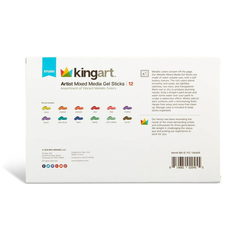 Kingart Gel Stick Artist Mixed Media Crayons, Set of 12 Primary Colors