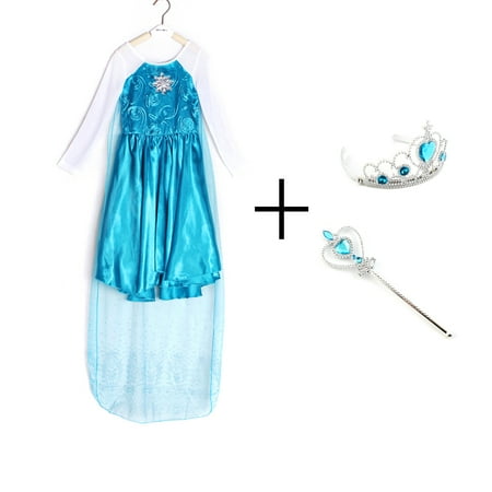 Girls Queen Princess Cosplay Costume Dress With Crown & Wand Christmas Party
