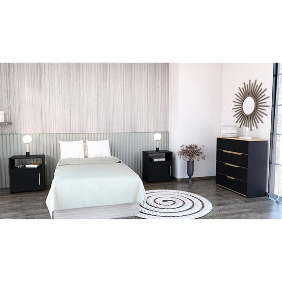 3 Piece Bedroom Furnishing : Drawer Dresser, 2 Nightstands. Black/ Oak. Seamless And Assembly With Interlocking Mechanism Dresser & Effortless Convenient System Clear Instructions