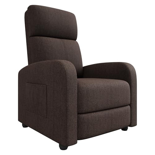 Linen Fabric Manual Recliner Chair, with Side Pocket, High Backrest, Thick Cushion, Adjustable Push Back Recliner,Cozy Lounge Chair for Living Room, Home Theater, Bedroom, Brown
