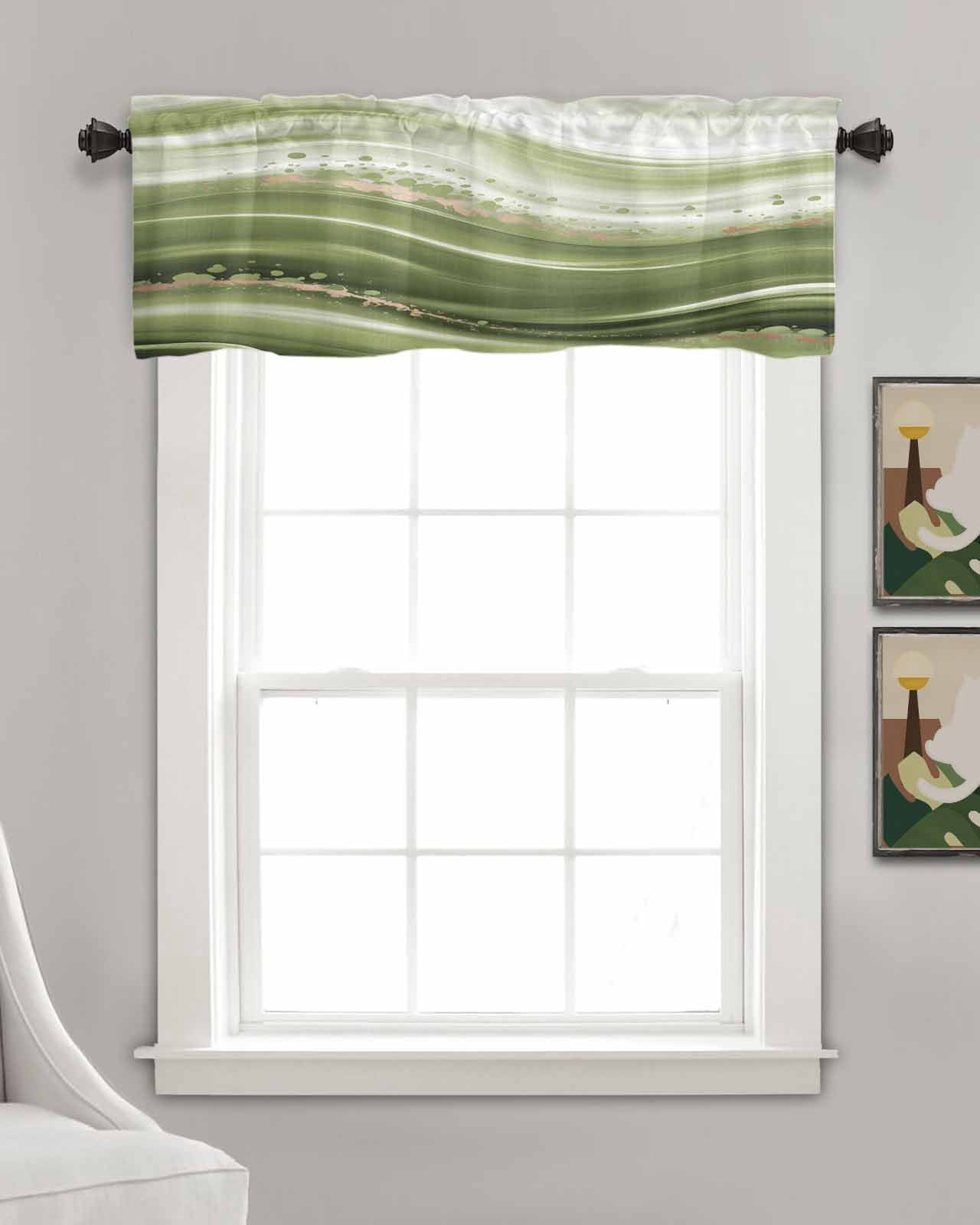 Green Abstract Waves Kitchen Valances for Windows Farmhouse Linen Window Valance Curtain for Living Room Window Treatment Gradient Fluid Luxury Oil Painting Valance Rod Pocket Topper, 60 x 18 Inch