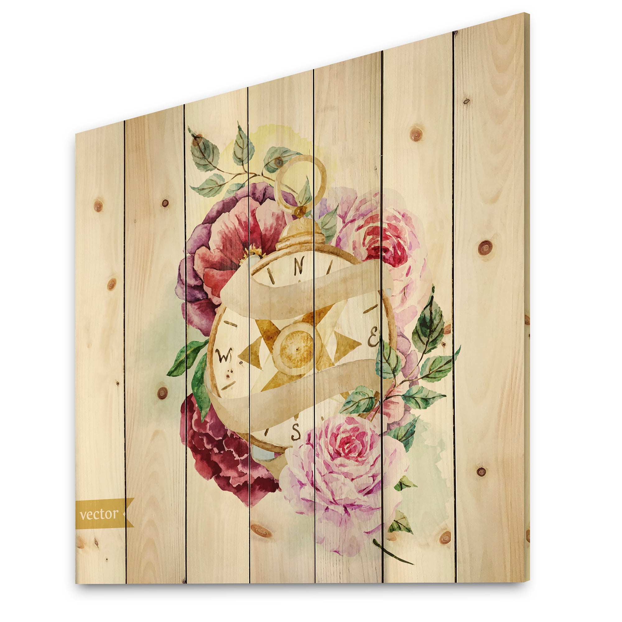 Designart 'Compass Among Flowers' Traditional Print on Natural Pine Wood