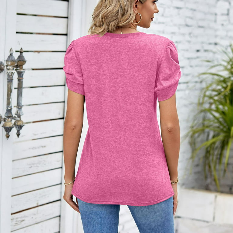 Vedolay Shein Tops For Women Women's Short Sleeve Round Neck T Shirt Front  Twist Tunic Tops Casual Loose Fitted,Hot Pink XXL 