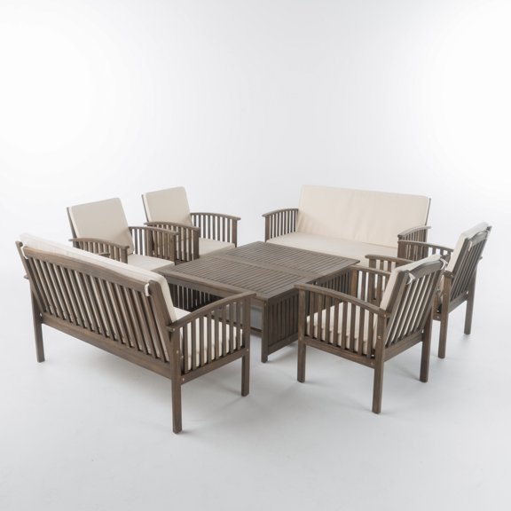 GDF Studio Navan Outdoor Acacia Wood 8 Seater Sectional Sofa Set with Cushions, Cream and Gray