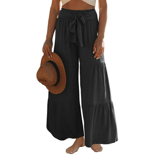 VISgogo Pantalones de pierna ancha para mujer, cintura alta, color sólido, con cordón, informal, para fiesta, club, pantalones sueltos VISgogo moda