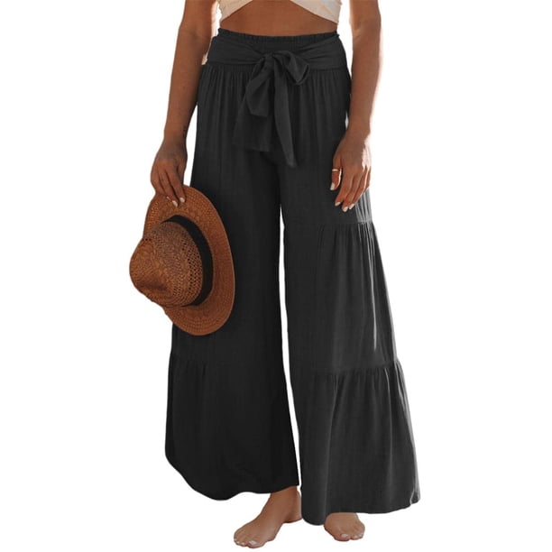 VISgogo Pantalones de pierna ancha para mujer, cintura alta, color sólido, con cordón, informal, para fiesta, club, pantalones sueltos VISgogo moda