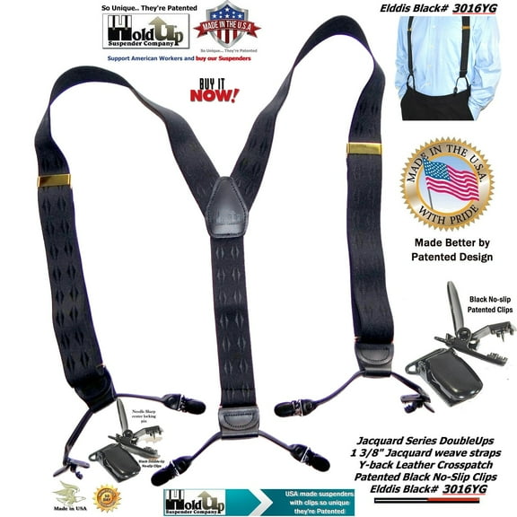 Holdup Black on black Jacquard reverse diamond pattern suspender in dual Clip Double-Ups Style with black No-slip Clips