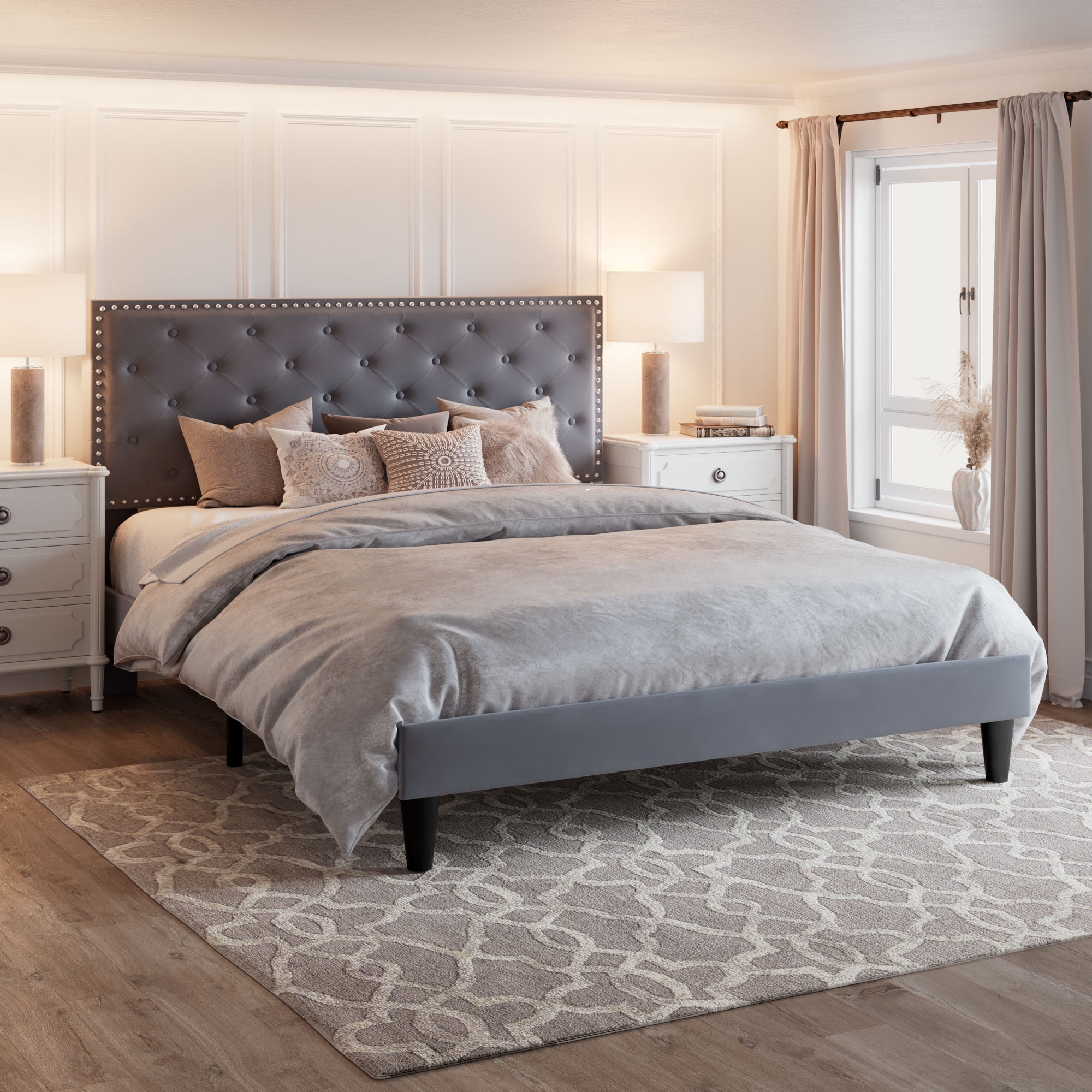 Amolife Full Bed Frame with Adjustable Velvet-Studded Headboard, Grey ...