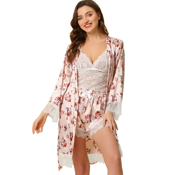 Conjuntos De Pijama De 3 Piezas Mini De Satén Con Encaje Sexy Para Mujer Rosa S