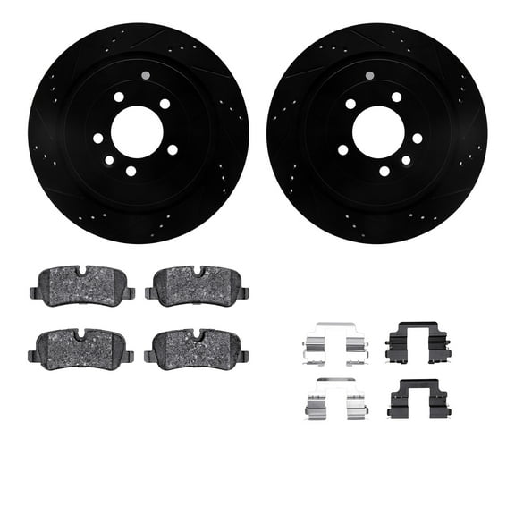 Dynamic Friction Company Rear Brake Rotors-Drilled and Slotted-Black with 5000 Euro Ceramic Brake Pads includes Hardware 8612-11007