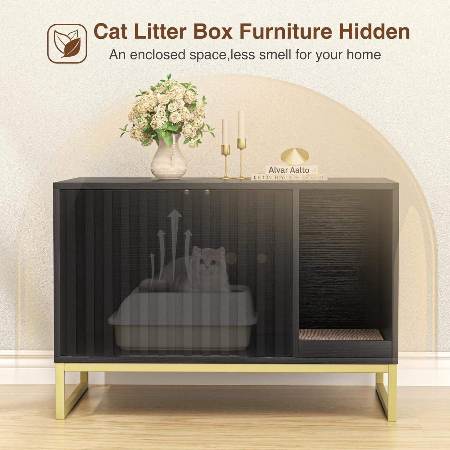 Vabches Hidden Cat Litter Box Enclosure Furniture, Multi-Functional Cat Washroom Bench with Cat Scratching Pad and Fluted Doors
