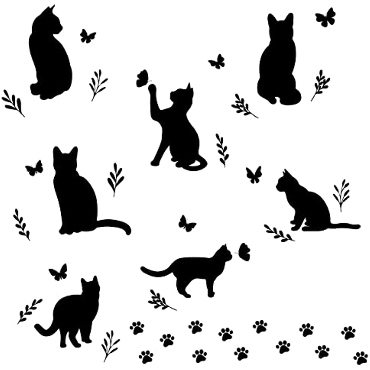 Black Cat Wall Stickers Cat Silhouette Decals Butterfly Wall Decor Paw