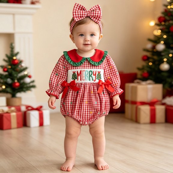 Pandaie Toddler Girls Christmas Gingham Long Sleeve Bubble Romper Plaid Bow Headband Winter Holiday Infant Outfit Set Red,6-12 Months