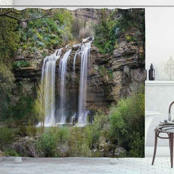 Ambesonne Nature Shower Curtain, Waterfall Forest Sicily, 69"Wx70"L, Brown Green White