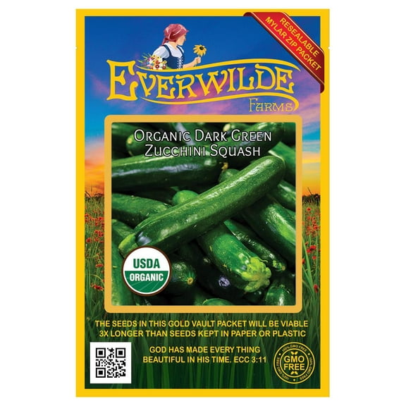 Everwilde Farms - 20 Organic Dark Green Zucchini Summer Squash Seeds - Gold Vault Jumbo Bulk Seed Packet