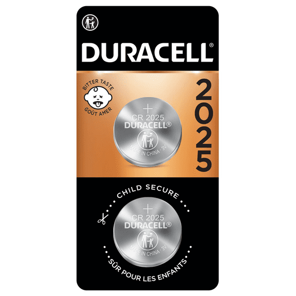 Duracell 2025 Lithium Coin Battery 3V, Bitter Coating Discourages Swallowing, 2 Pack
