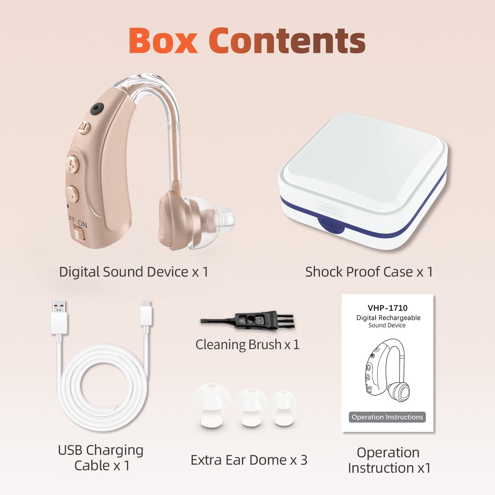 HIBRIQ Digital Hearing Aid for Seniors, Rechargeable, Multi-Level Volume Control, 16-Channel, 4-Mode, Single, Beige