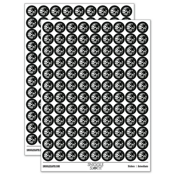 Beach Sunset Scene Tropical Ocean 200  Round Stickers - Black - Gloss Finish - 0.50" Size