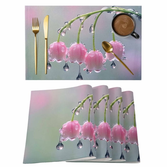 Spring Floreal Placemats Set of 2, Pink Lily of The Valley Raindrops Botanical Farm Non-Slip Place Mats Washable Table Mats for Kitchen Dining Table Decorations Indoor/Outdoor