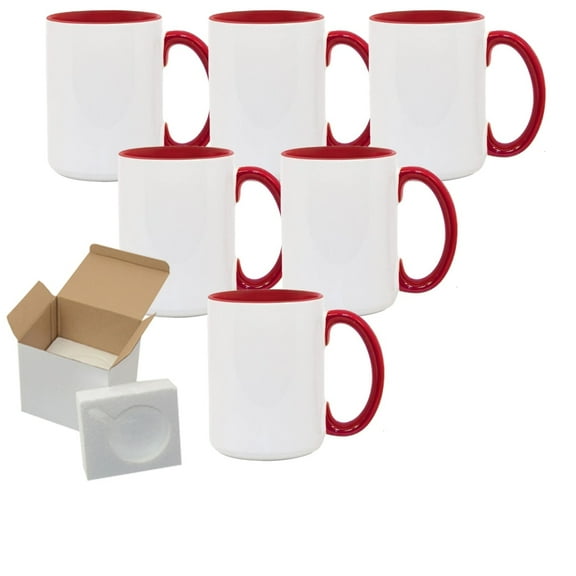 Mugsie 6 Pcs 15OZ El Grande Red Inside & Handle Sublimation Mugs With Foam Support Boxes