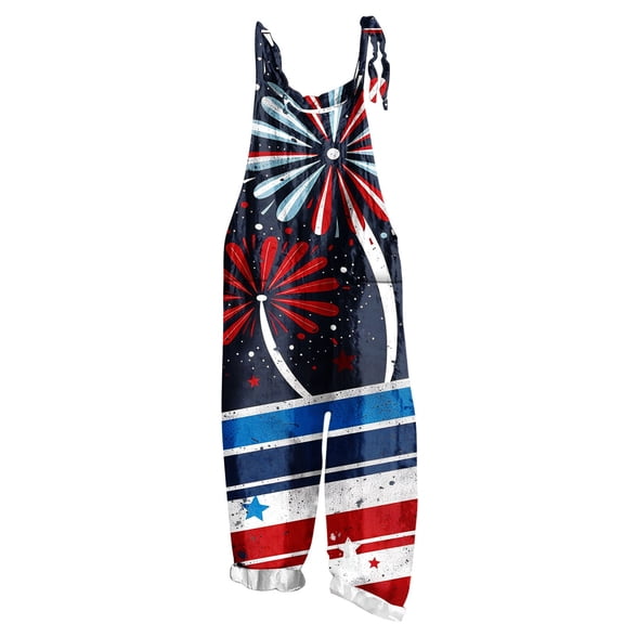 Cavosen Women's Jumpsuit Independence Day Plus Size Loose Sleeveless Patriotic Jumpsuits Long Overalls with Pocket Red White and Blue Trendy Rompers