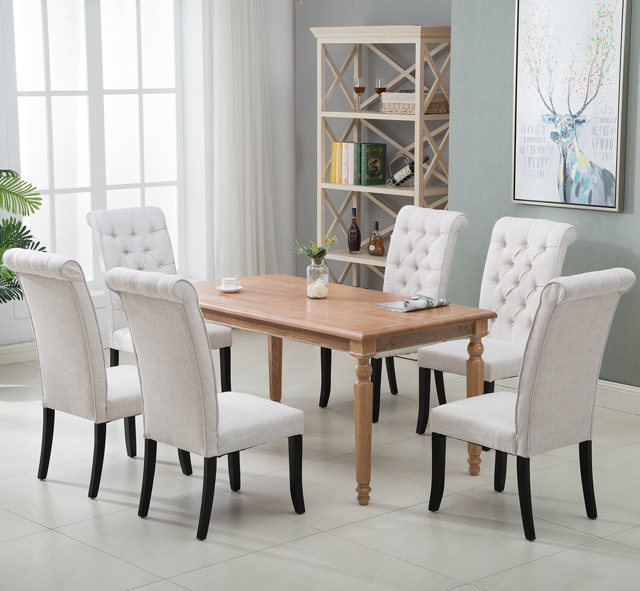 Upholstered Button Dining Chairs Set of 2, 38.5'' x 19.5'' x 17.5'' Tufted High Back Padded Dining Chairs w/Wood Legs, Linen Fabric Dining Side Chair, for Home/Kitchen/Living Room, 330 Lbs, S7119
