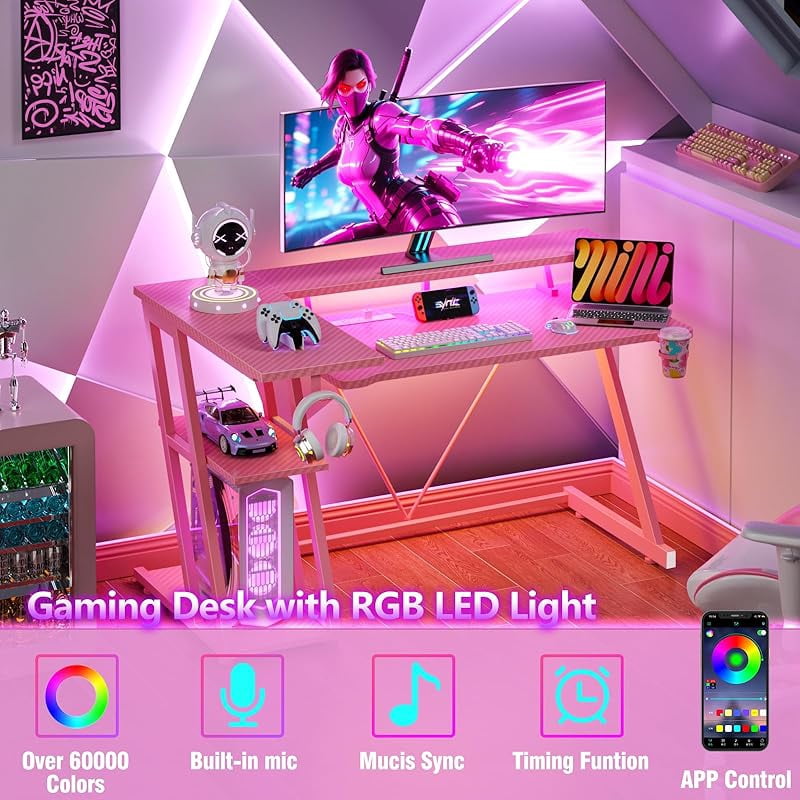 40 Inch Gaming Desk with Power Outlet & LED Lights, L Shaped Computer Gaming Table with 3 Tiers Storage Shelves, Corner Gamer Desk with Monitor Stand for Small Space,