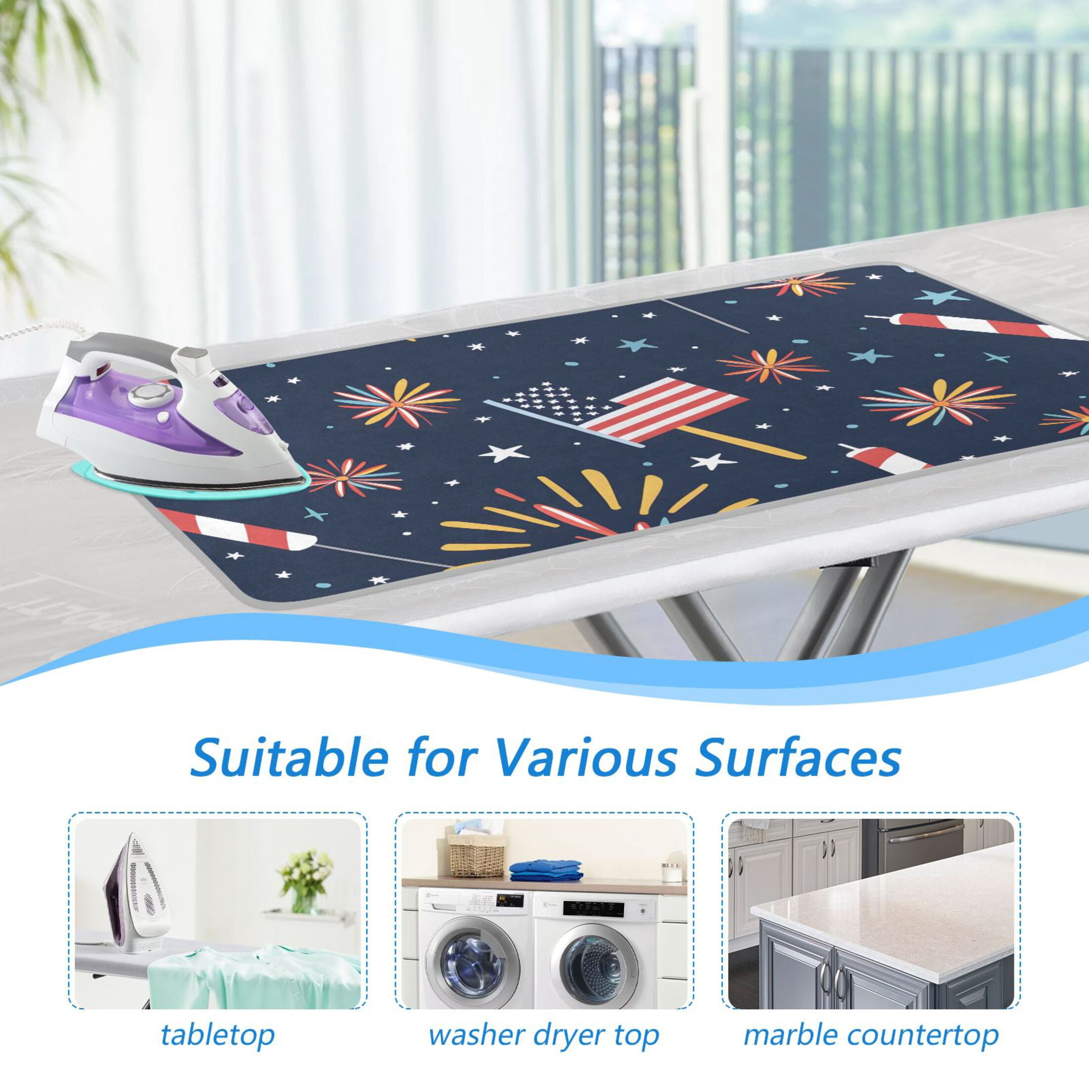 National Flags Fireworks Stars Ironing Mat Blanket Portable Travel Ironing Pad Heat Resistant Pad 47.2" x 27.6”