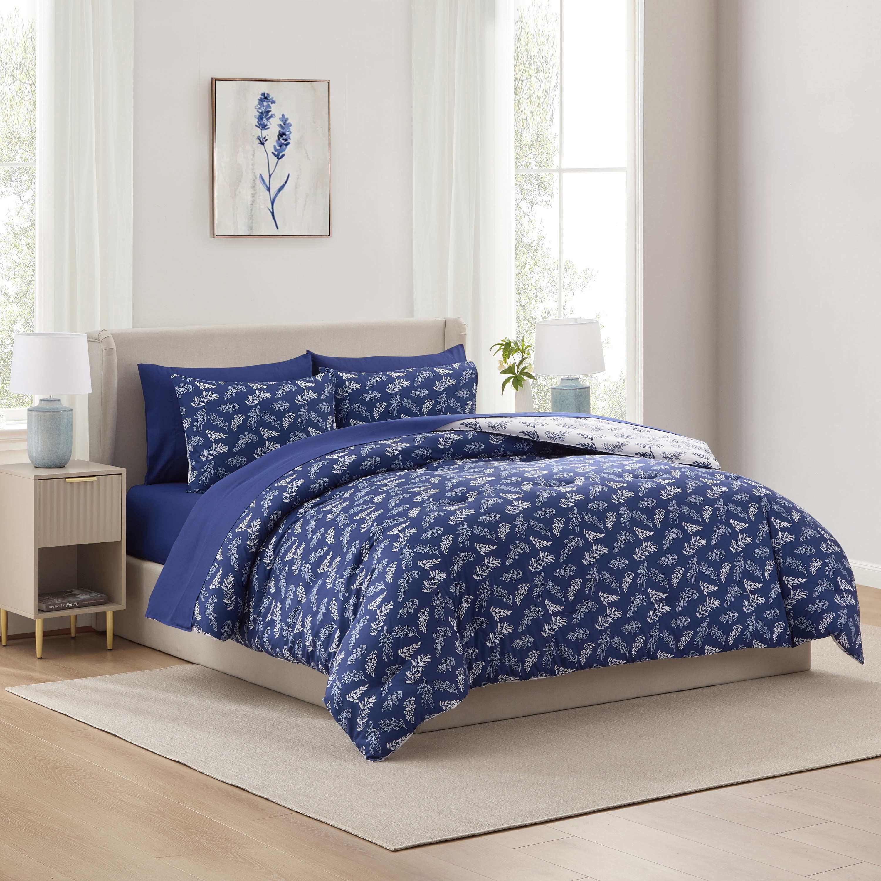 LammaLoe Twin Comforter Sets, 5 Piece Botanical Bed in a Bag, Reversible Bedding Comforter Set with Sheets, Modern Bed Set, Majestic Blue/Lunar Gray