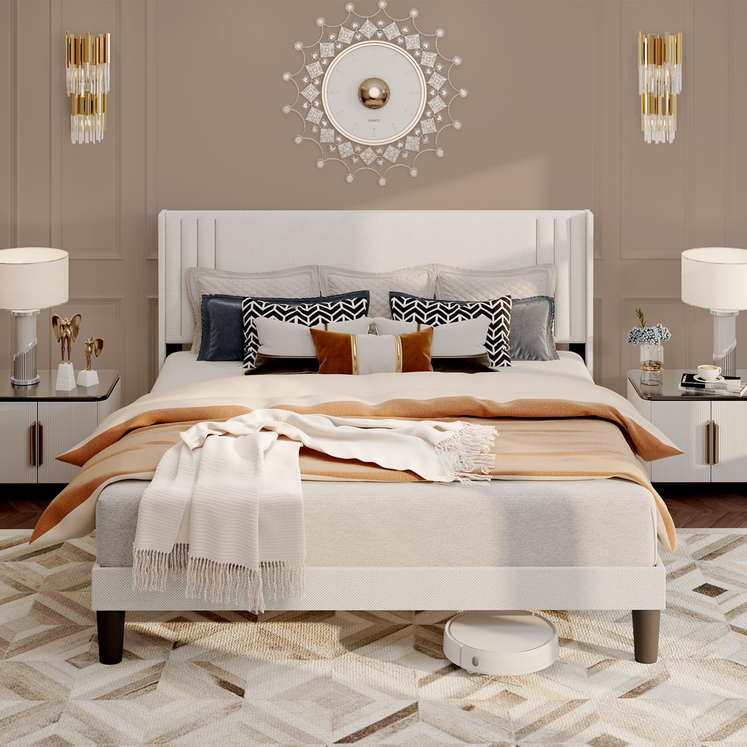 Full Size Bed Frame with Wingback Headboard and Under Bed Storage, 850lbs, White