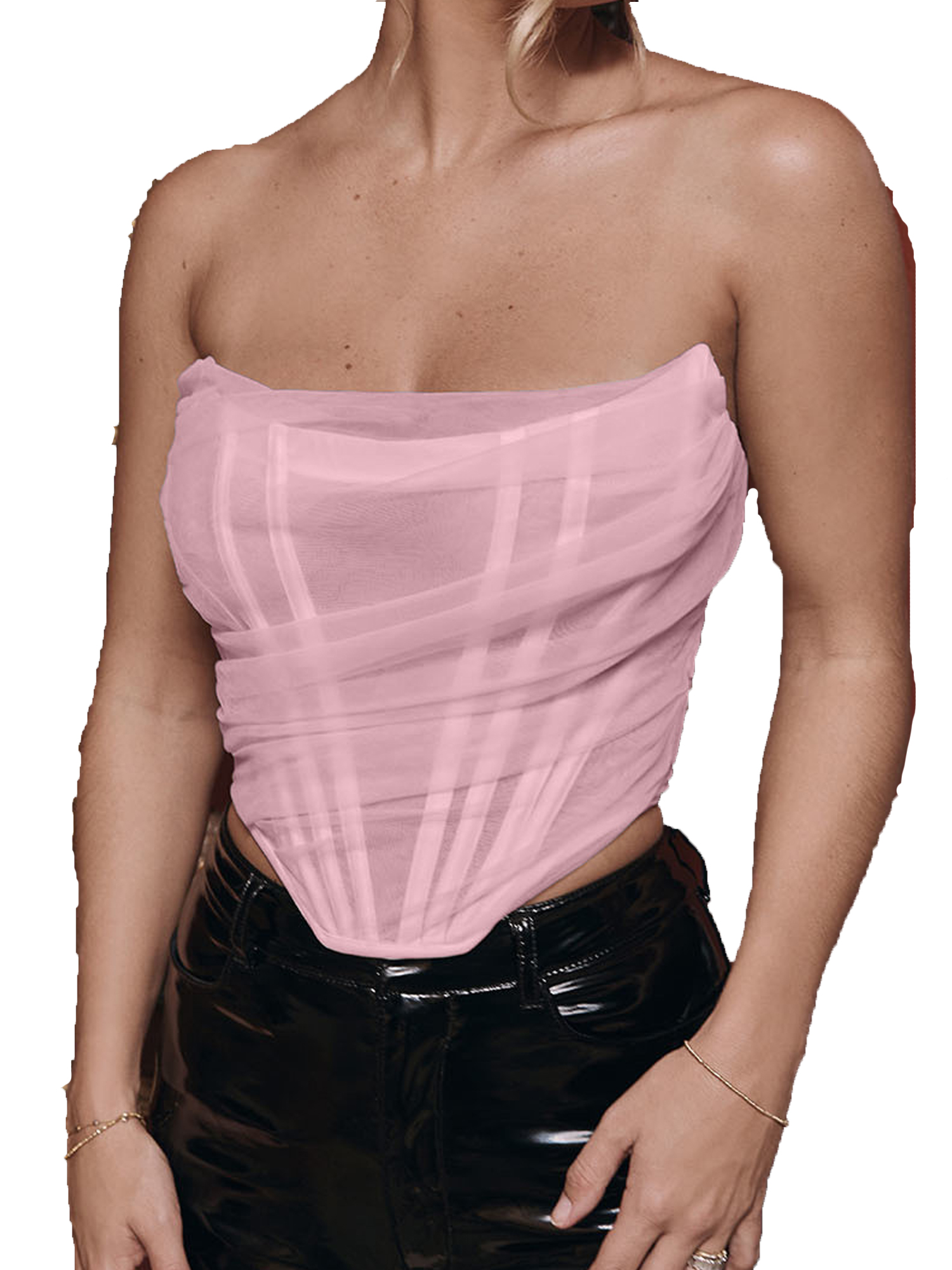 Mesh Corset Crop Top Bustier Underbust Boned Backless Sleeveless Strapless Off Shoulder Aesthetic Bodyshaper for Women Y2K Mesh Corset Crop Top Bustier Underbust Boned Backless Sleeveless Strapless Off Shoulder Aesthetic Bodyshaper for Women Y2K