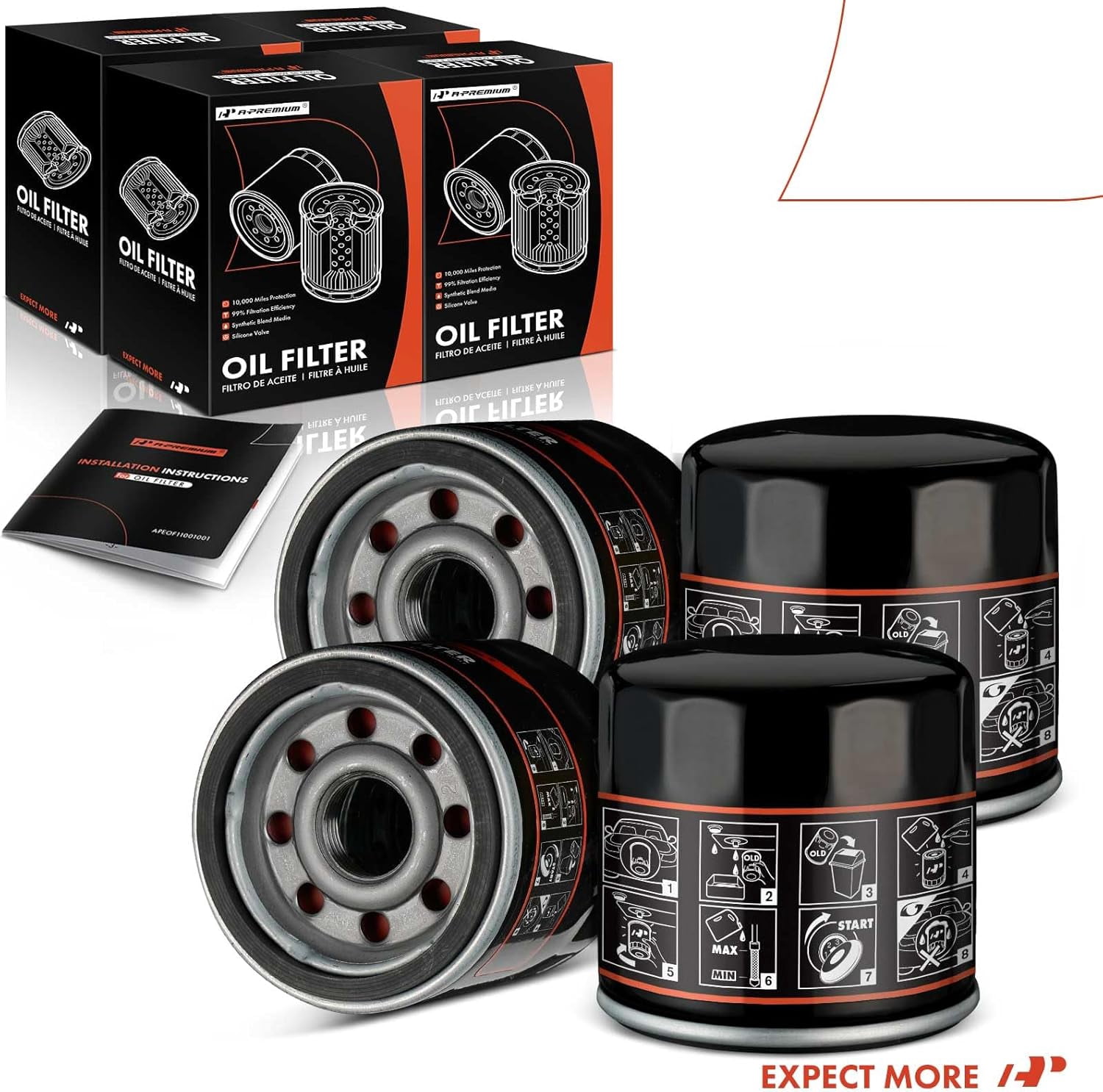 A-Premium 4-PC 10K Miles Protection Spin On Oil Filter Compatible with Ford & Chevy & for Toyota & for Honda & Nissan & Subaru & Kia & Mazda & Mitsubishi & Infiniti & Smart & Suzuki & Saab & Mercury