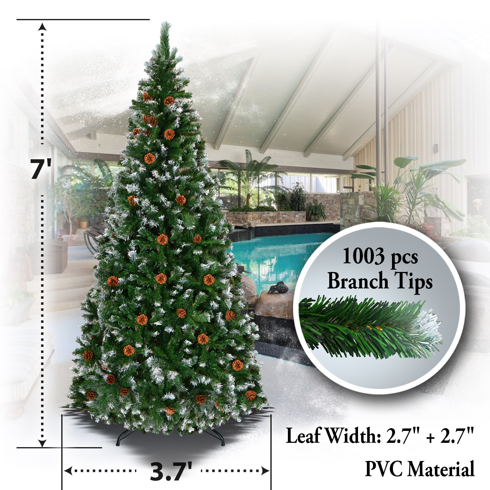 Sunrise 5' 6' 7' 7.5' Snow Tipped Christmas Tree with Pine Cones and Steel Stand -Unlit (7' with 1003 Tips and 39 pinecones)