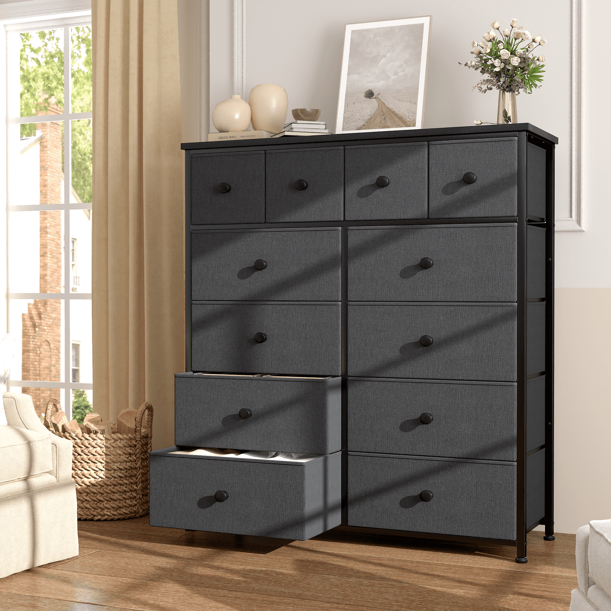 Romorgniz Tall Dresser for Bedroom with 12 Drawers Dresser for Closet Fabric Dressers and Chests of Drawers, Sturdy Metal Frame, Wood Top, Dark Gray