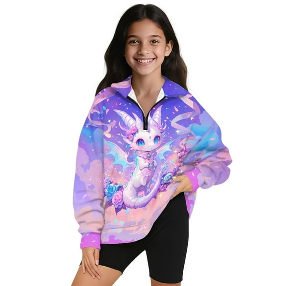 Uorisanigo Girls Half Zip Sweatshirt with Long Sleeve, Oversized Sweatshirts for Teen Girl, School Purple Starry Dragon Half Zip Up Hoodies for Vacation Shopping Exercise Wear