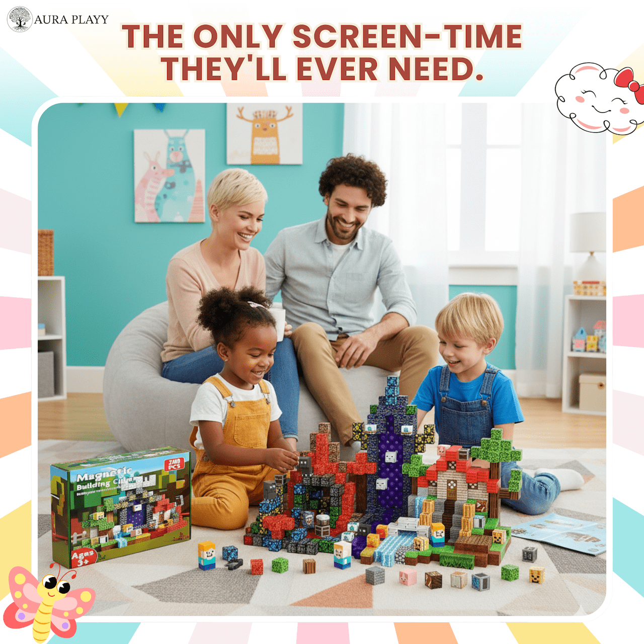 AURA PLAYY Magnetic Building Blocks for Kids: 200 PCS 3D Creative Construction Set, Strong Magnets, STEM Learning, Open-Ended Play, Fine Motor & Imagination Development, Safe Large Blocks Ages 3+