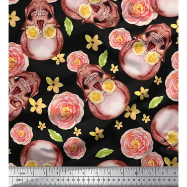 Soimoi Cotton Duck Fabric Skull & Begonia Floral Fabric Prints by Yard 42 Inch Wide
