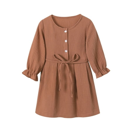 

Karuedoo Little Girls Casual Cotton Linen Big Hem Dress with Waistband Round Collar Long Sleeve Skirt Brown 3-4 Years