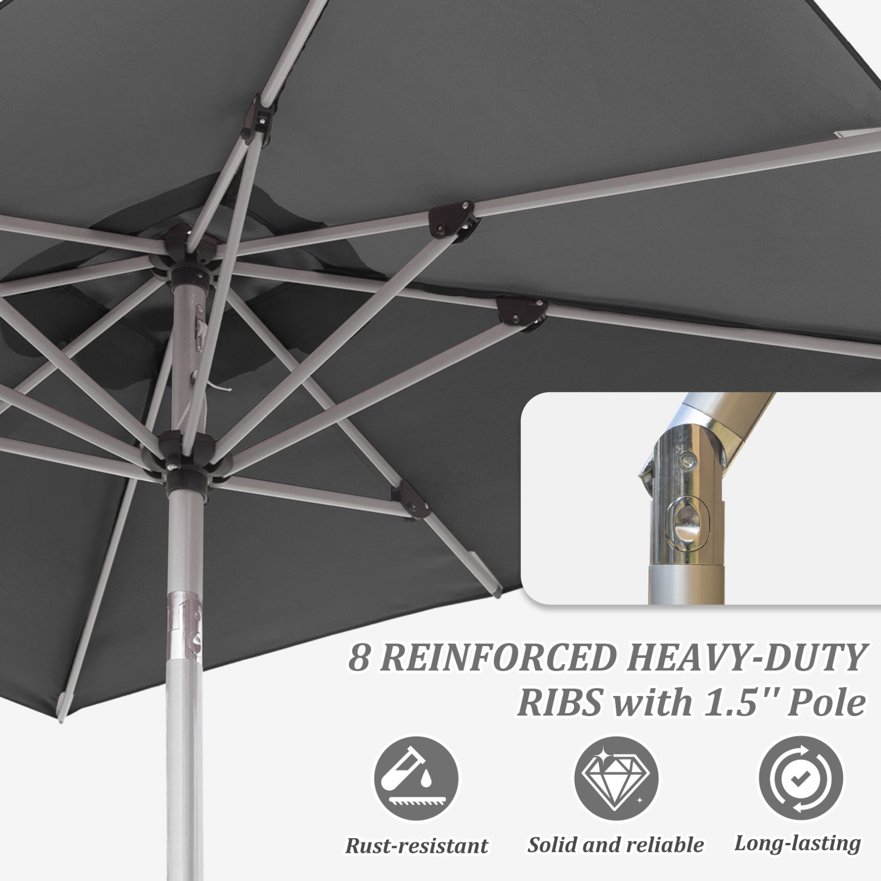 6FT Outdoor Patio Umbrella, Rectangle Market Umbrella with Push Button Tilt and Crank, Table Umbrella 8 Sturdy Ribs UV Protection for Deck, Backyard, Pool, Grey