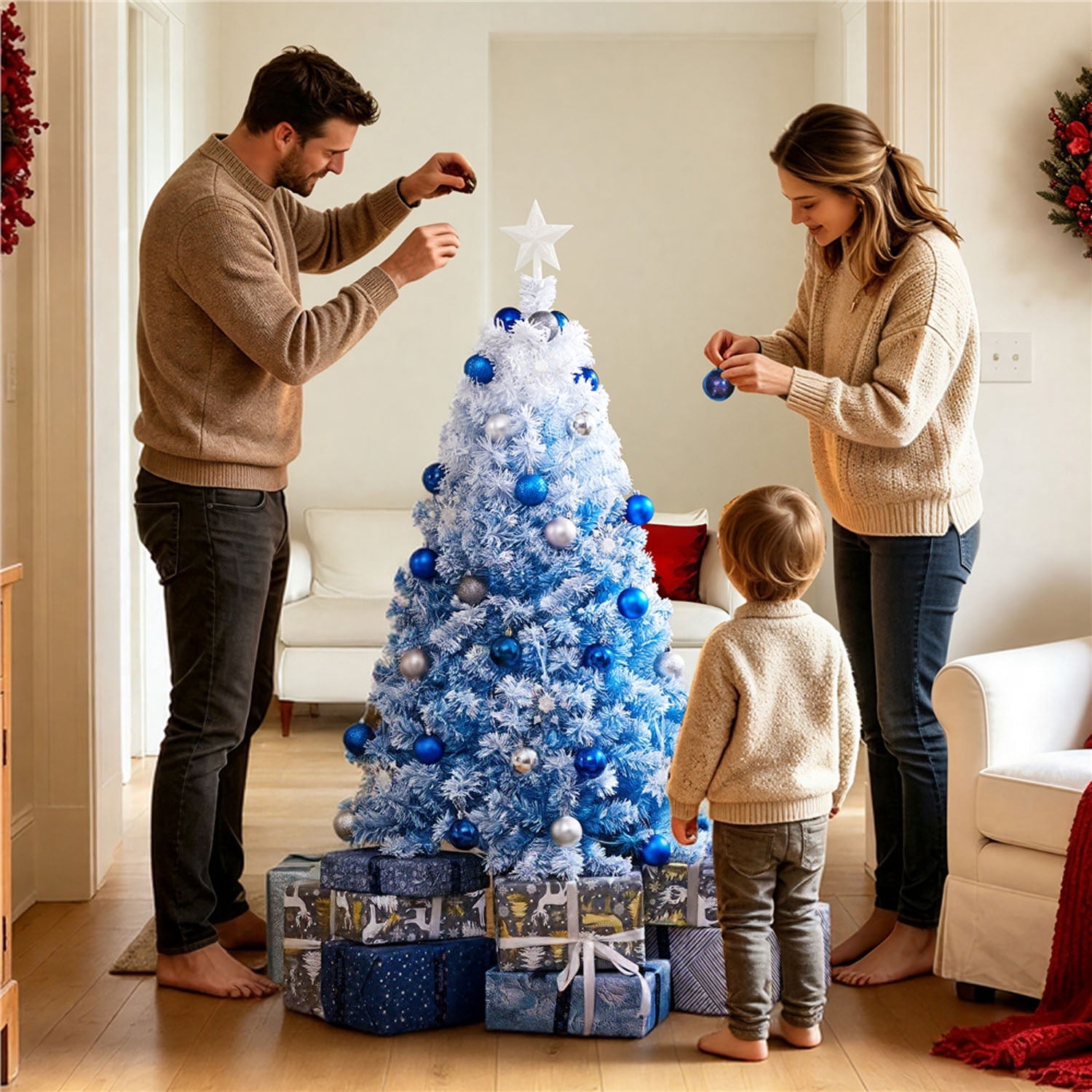Alden Design 4.5FT Pre-lit Artificial Christmas Tree Holiday Decorative Fir Tree with Foldable Stand and LED Warm Lights,Lake Blue Gradient