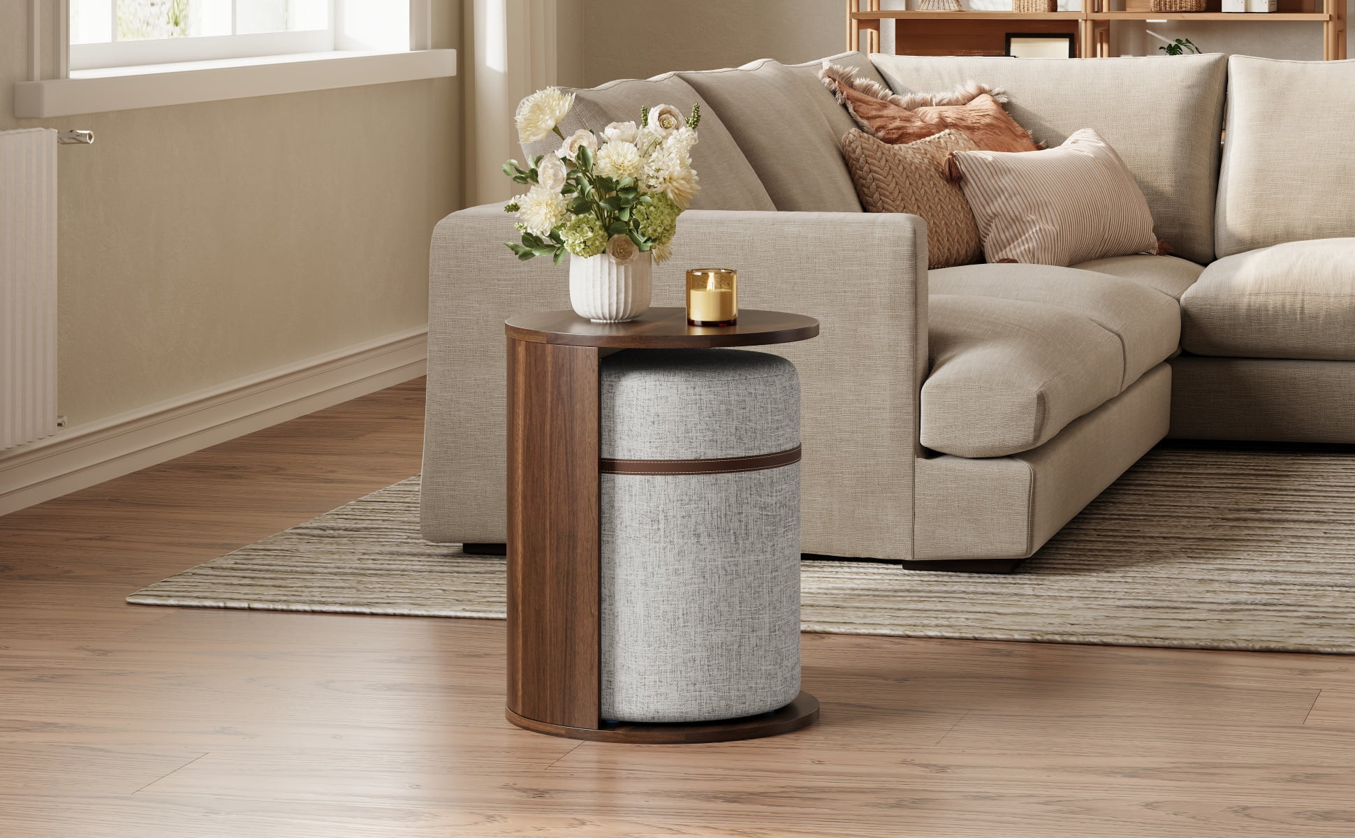 Mintazer 2‑in‑1 Round Side Table with Pull‑Out Linen Storage Stool & Open Magazine Slot, End Table for Sofa Bedroom Small Space, Walnut