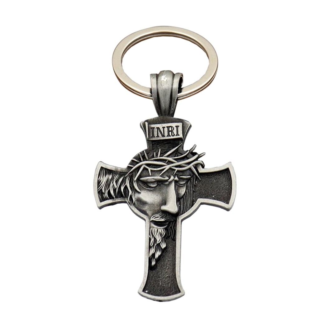 Jesus Cross Keychain Pendant Head Wearing Crown Thorns Retro