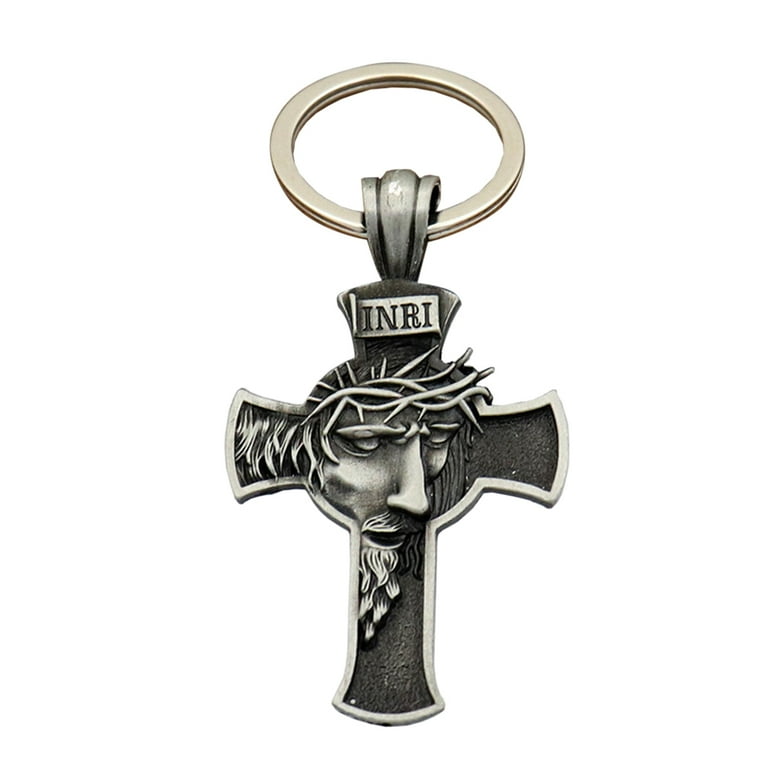 Jesus Cross Keychain Pendant Head Wearing Crown Thorns Retro