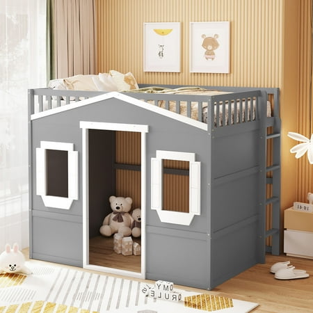 Royard Oaktree Full Size House Loft Bed with Under-bed Playhouse, Window, and Wall, Wood Loft Bed Frame with Guardrail and Ladder for Kids Boys Girls Teens, Gray+White Frame