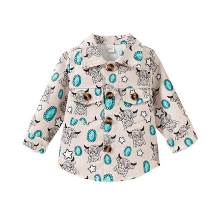 

Toddler Boys Girls Shirt Coat Jacket Cartoon Prints Long Sleeve Kids Turn Down Collar Button Tops Outerwear