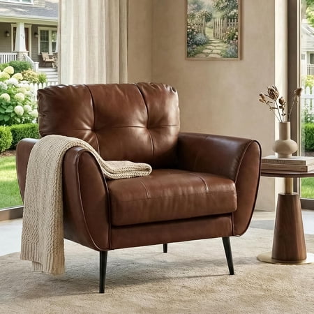 brown leather accent chair tufted product