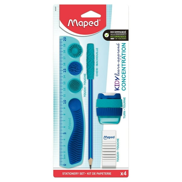 Le kit idéal pour rester concentré ! Règle avec zones tactiles amovibles, crayon relaxant, taille-crayons et gomme texturés. Kit multi produit